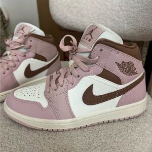 Nike Air Jordan 1 Mid Women’s Pink, Brown & White Sneakers